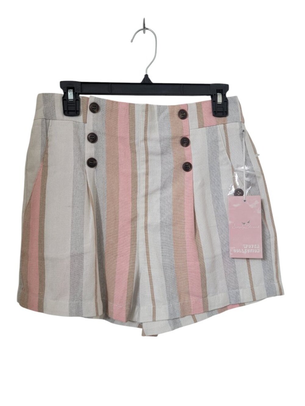 Simply Blessed Size L Pink, Tan & Gray Striped High-Waist Button Front Short